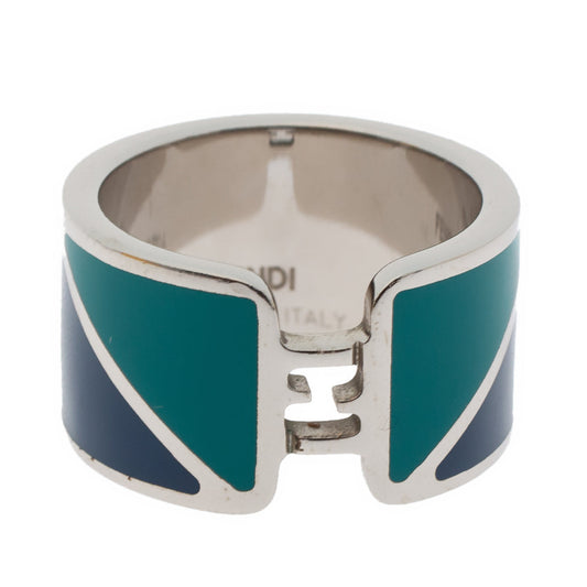 Fendi The Fendista Bicolor Enamel Silver Tone Band Ring M