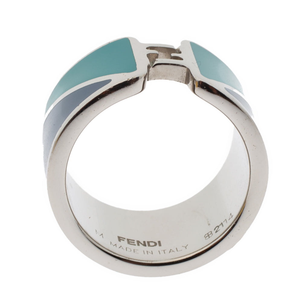 Fendi The Fendista Bicolor Enamel Silver Tone Band Ring M