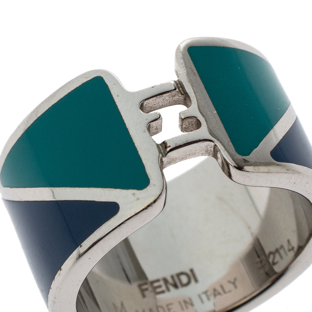 Fendi The Fendista Bicolor Enamel Silver Tone Band Ring M