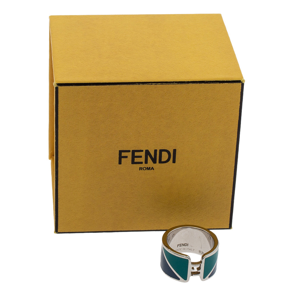 Fendi The Fendista Bicolor Enamel Silver Tone Band Ring M