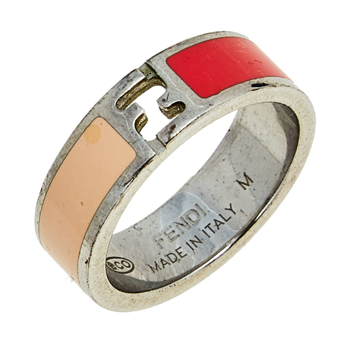 Fendi The Fendista Bi-color Enamel Silver Tone Band Ring Size 55