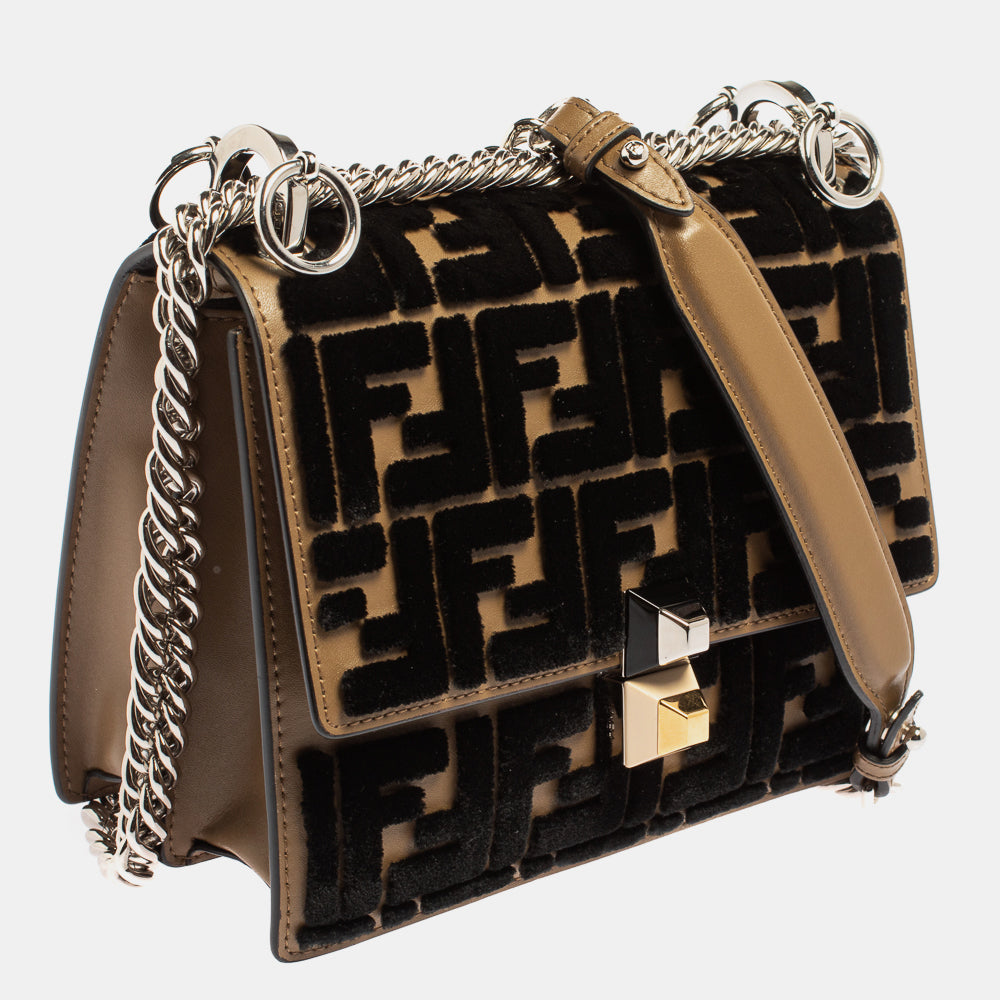 Fendi Black/Brown Leather and Velvet Small Kan I Chain Shoulder Bag