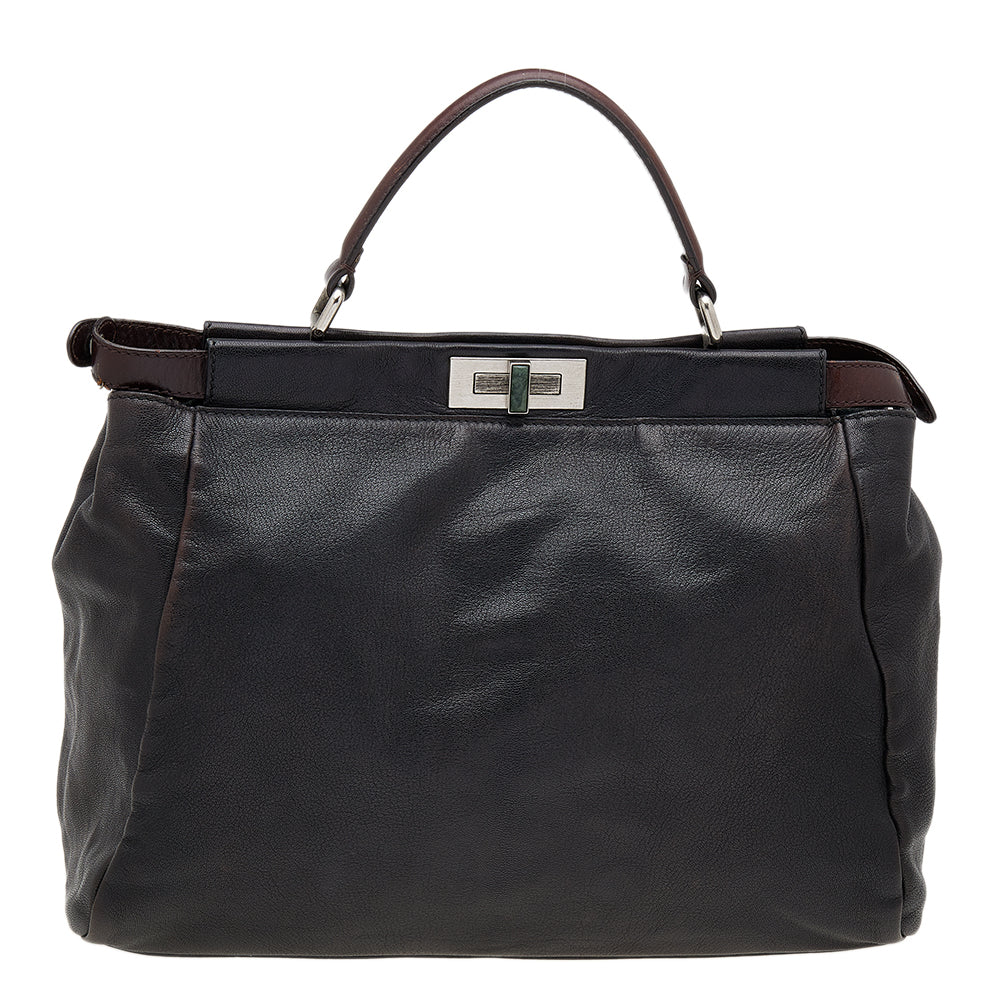 Fendi Black/Dark Brown Leather Large Peekaboo Top Handle Bag