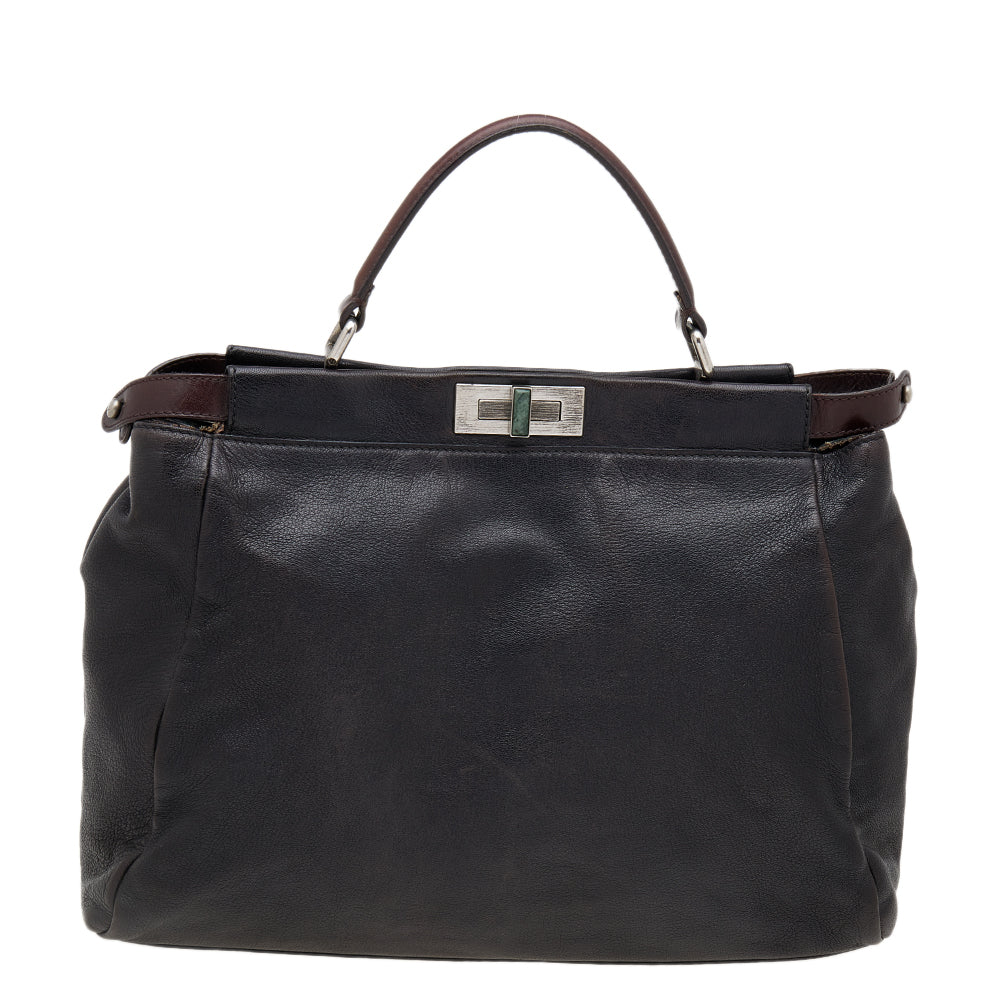 Fendi Black/Dark Brown Leather Large Peekaboo Top Handle Bag