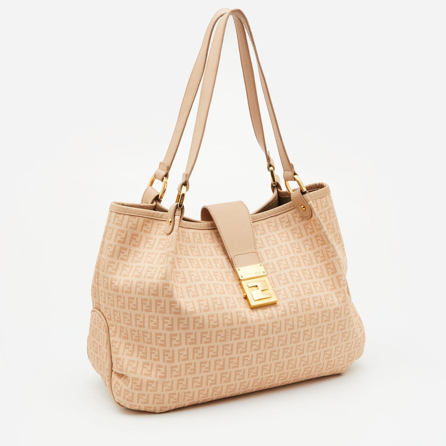 FENDI Beige Zucchino Coated Canvas and Leather Chiusura Hobo