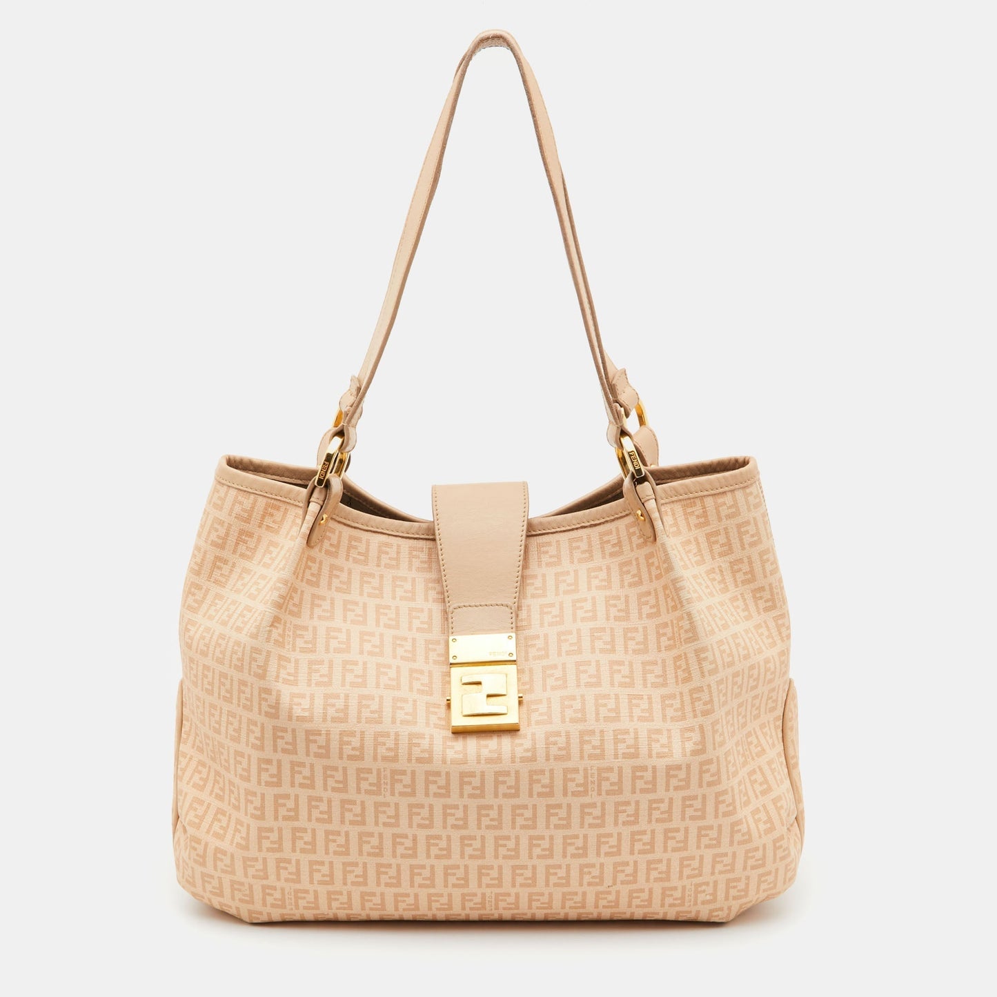 FENDI Beige Zucchino Coated Canvas and Leather Chiusura Hobo